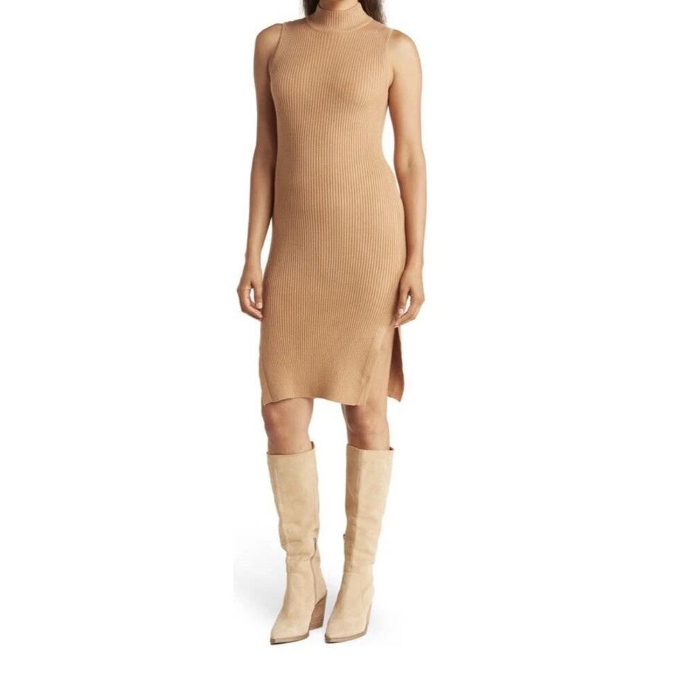 M Magaschoni Midi Tank Dress Sleeveless Ribbed Mock Neck Tan Size Small